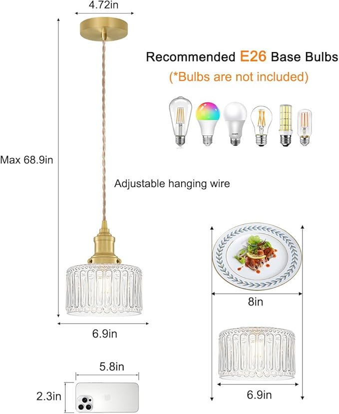 Vintage Pendant Lights for Kitchen with Clear Striped Glass Shade, 6.9 In Brushed Gold Pendant Lights Kitchen Island, Small Kitchen Island Lighting Adjustable Hanging Light for Entrance Hallway