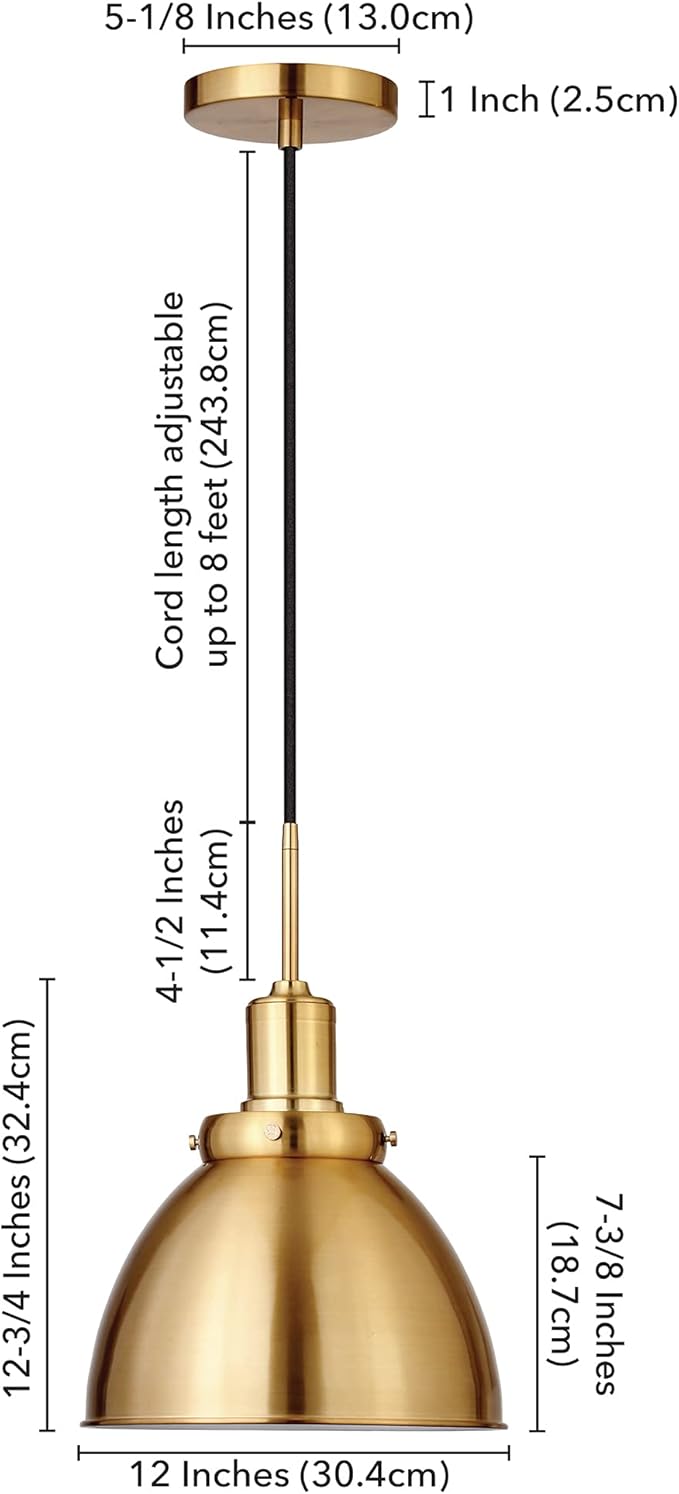Henn&Hart 12" Industrial Pendant Light Fixture with Gold Metal Dome Shade and 8' Adjustable Cord for Kitchen Island, Dining Room or Game Room, Gold