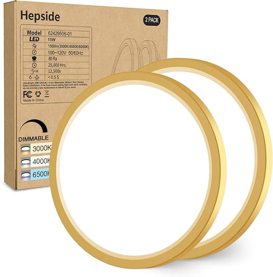 hepside 2Pack Dimmable Flush Mount Ceiling Light Fixture Golden, 3CCT Selectable 3000/4000/6500K Ceiling Lamp, 7.5INCH 15W 1500LM Low Profile Light for Bedroom, Kitchen, Bathroom, Hallway