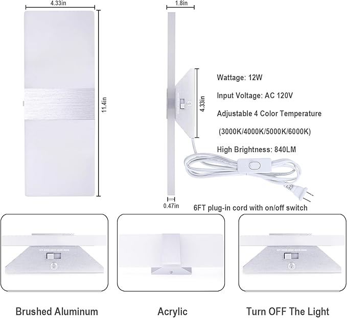 TRLIFE Modern Wall Sconce, Adjustable 4 Color Temperature LED Wall Sconce Plug in, 12W LED Acrylic Wall Mounted Light Wall Lights with 6FT Plug in Cord for Bedroom Bedside Stairway(1 Pack, Silver)