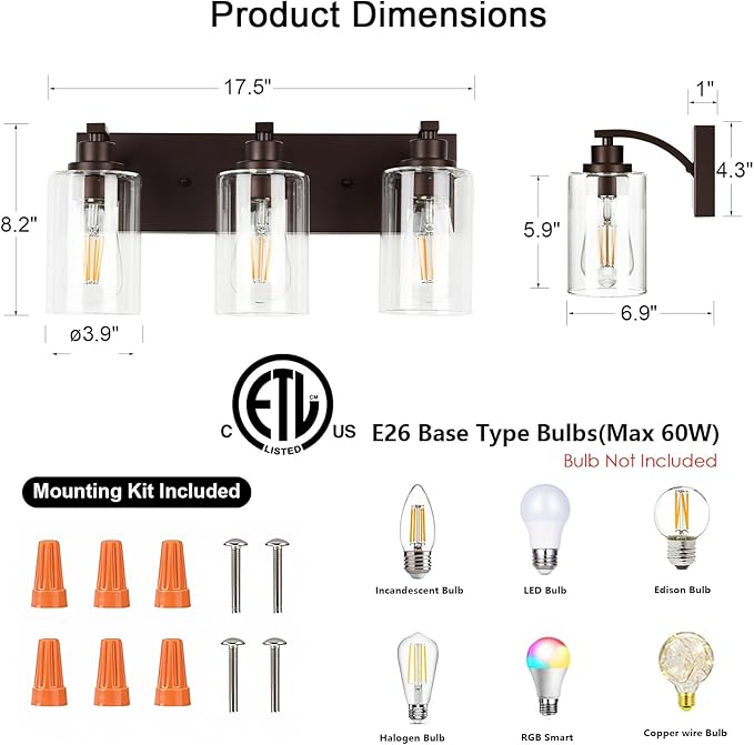 3-Light Bathroom Light Fixtures Modern ORB Vanity Lights for Bathroom Lighting Fixtures Over Mirror with Clear Glass Shade for Cabinet Mirror Bedroom Hallway