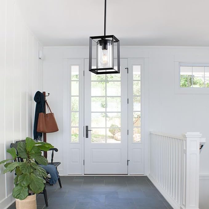 2 Pack Farmhouse Black Kitchen Island Pendant Light Fixtures,Height Adjustable Metal Rod Hanging Modern Pendant Lighting with Metal Cage and Clear Glass Shade for Entryway Bedroom
