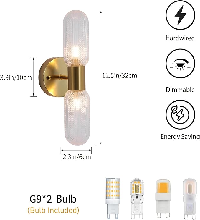 Modern Gold Wall Sconces, 2-Light Hardwired Brass Vanity Light Fixture with Glass Shade, Wall Lighting for Living Room Bedroom Bathroom Hallway, 2 G9 LED Bulbs Included