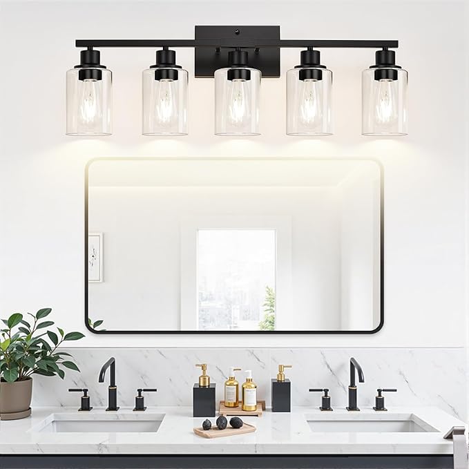 Indoi 5-Light Bathroom Light Fixtures, Matte Black Modern Vanity Lights with Clear Glass Shades, Bathroom Vanity Light for Mirror Living Room Cabinet Bedroom Porch