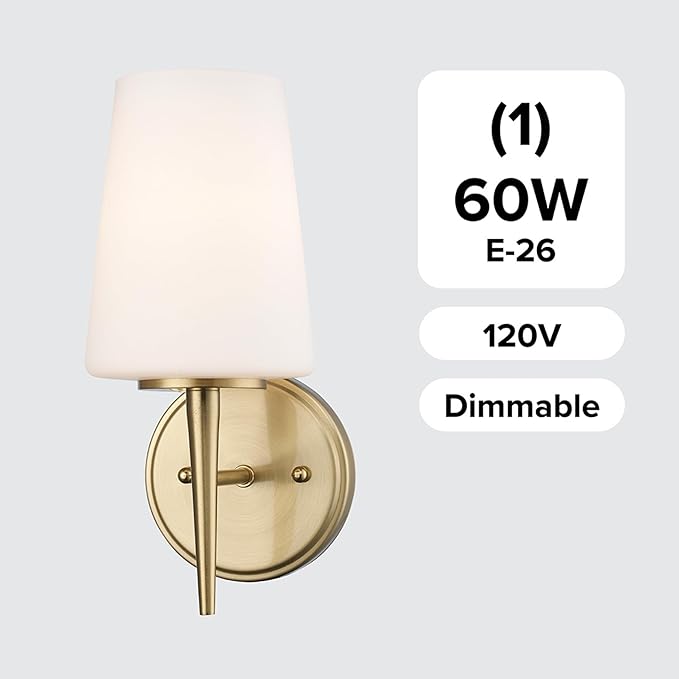 Montgomery 1-Light Wall Sconce | Brushed Gold Finish with White Frosted Glass Shade | Vertical Mounted Indoor/Outdoor Sconces | Uses E26 Base Bulb (Gold, Sconce)