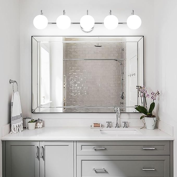 Chrome Mid Century Modern Bathroom Vanity Lights - 5-Light Wall Sconces with Frosted Milk Glass Globes