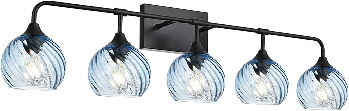 MELUCEE 5-Light Bathroom Light Fixtures 42 Inches, Matte Black Vanity Lights with Blue Striped Swirl Glass Shade, Mid-Century Modern Bathroom Vanity Light Over Mirror