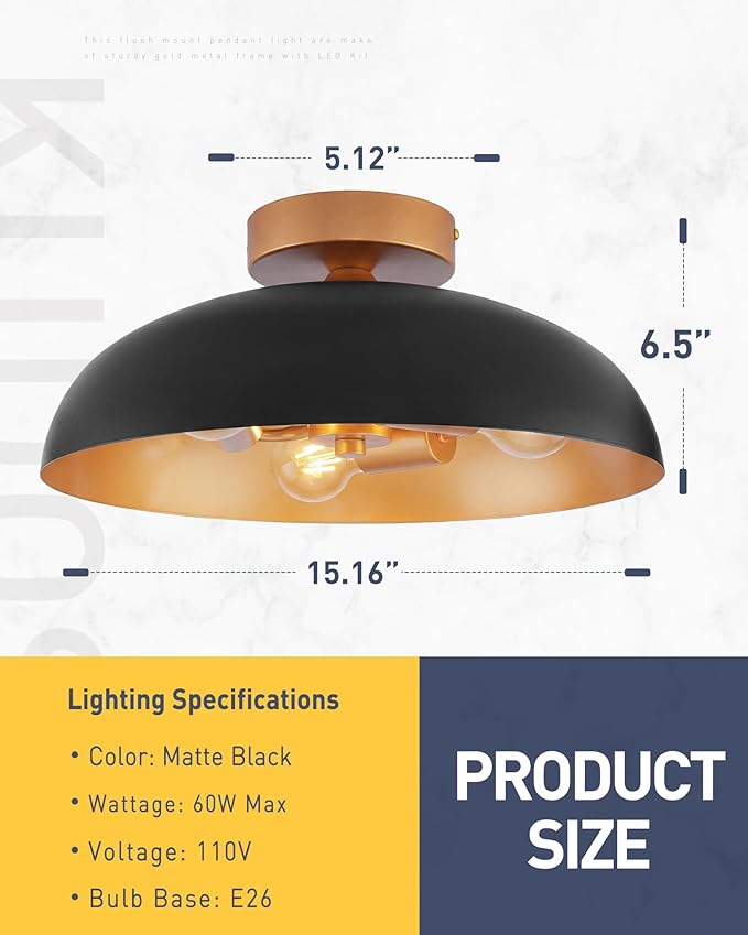 kudos 16 Inch Vintage Flush Mount Ceiling Light,3-Light Farmhouse Ceiling Light, Black Ceiling Light Flush Mount for E26 Base Bedroom Hallway Dressing Room, KDCL02-BKE