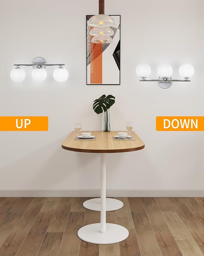 Globe Bathroom Light Fixtures Chrome Vanity Light with Plastic Milk White Globe Shades 11.81 inch Wall Sconce Lighting Over Mirror, 3-Light Vanity Lights for Bathroom Hallway Living Room