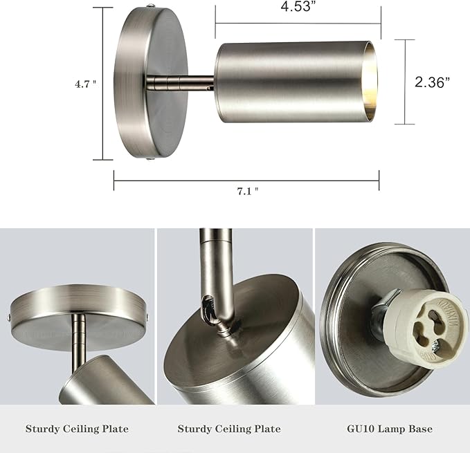 Track Lighting Ceiling Spotlight, 2-Light Satin Nickel Ceiling Light Fixture, Gu10 Spotlights Indoor Angle Adjustment Modern Wall Lamp for Living Room, Gallery, Cabinet, Hallway