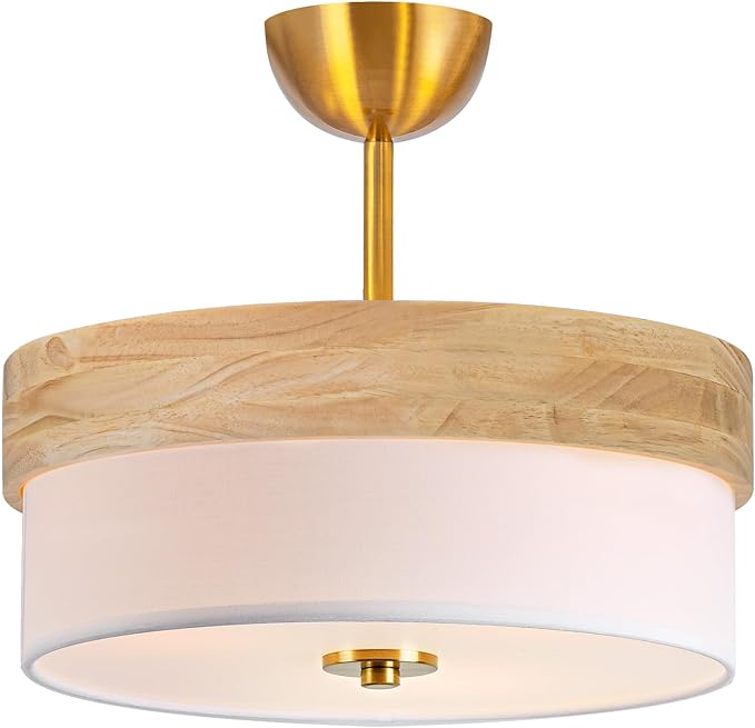 Bargeni Semi Flush Mount Ceiling Light,13 Inch Light Fixtures Ceiling Mount, Natural Wood Trim with Cream White Fabric Shade, Modern Ceiling Light Fixture for Bedroom,Hallway,Kitchen