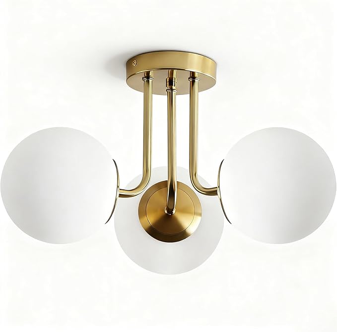 Mid Century Modern Brass 3-Light Gold Ceiling Light, Sputnik Ceiling Light Fixture with Globe White Glass, Semi Flush Mount Ceiling Light for Living Room Hallway Foyer, E26 Base