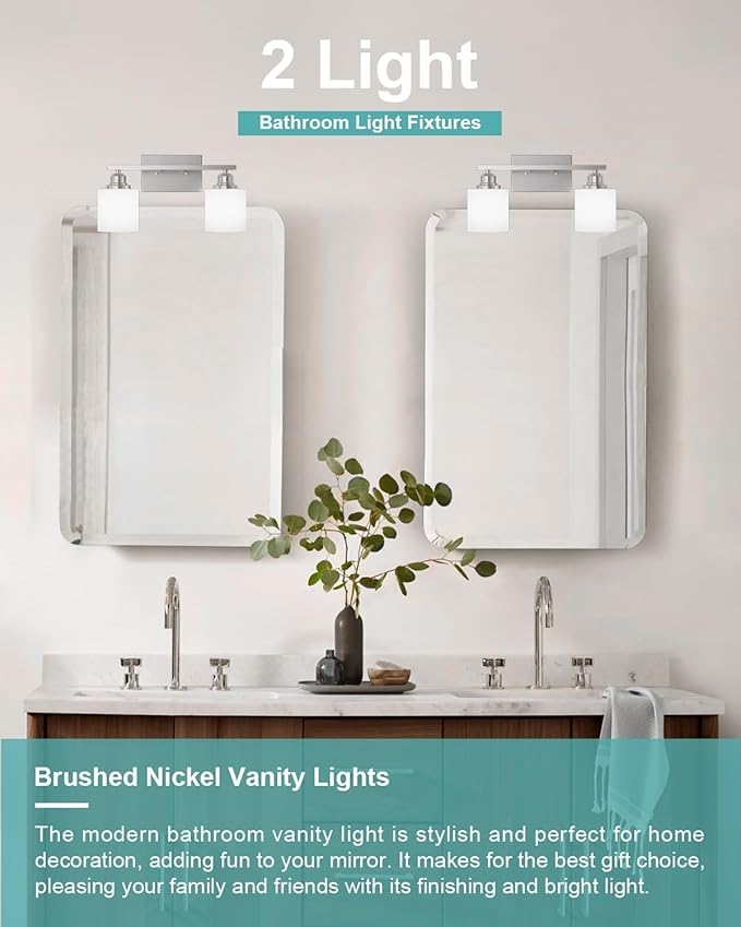 Sailstar Bathroom Light Fixtures 2-Light, Brushed Nickel Vanity Lights Fixtures, Modern Bathroom Vanity Light Over Mirror, Milky White Glass Shade & Anti-Rust Nickel Finished, Small Bathroom Light