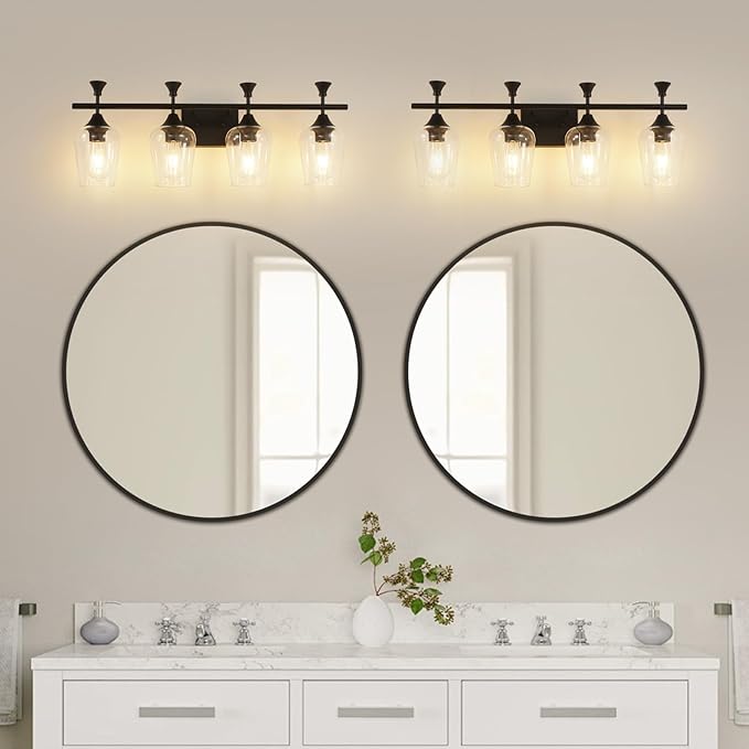 Bathroom Light Fixtures (4-Light, 29 Inch), Matte Black Vanity Lights for Bathroom with Clear Wine Glass Glass Shade, Modern Vanity Wall Lights for Mirror Bedroom Living Room Kitchen Hallway Porch