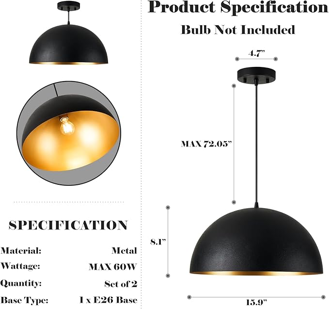 16 Inch Industrial Pendant Lighting for Kitchen Island, Black and Gold Metal Dome Pendant Light Fixtures, Hemispherical Hanging Ceiling Light E26 Base for Reading Dining Room Foyer Cafe, 2 Pack