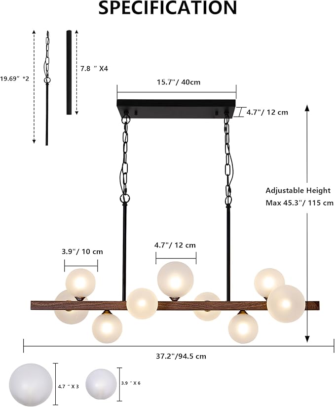 Globe Linear Chandelier 9-Light Modern Linear Globle Dining Room Pendant Light Fixture Sputnik Chandeliers for Kitchen Island