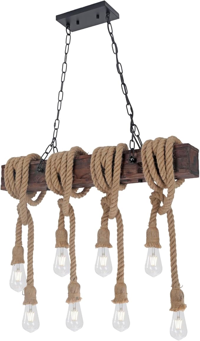 KEESFU Farmhouse Light Fixtures Rustic Chandelier，8-Light Kitchen Island Light Height Adjustable，Hemp Rope Pendant Light for Kitchen Dining Room Bar.