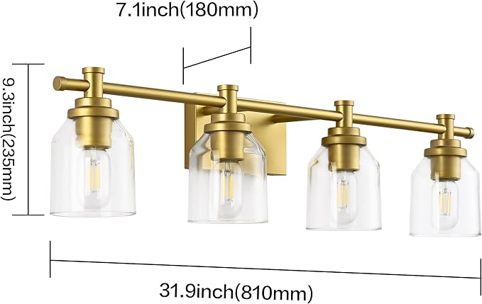 SOLFART Bathroom Lighting Fixtures Over Mirror Wall Sconce Gold Vanity Light Fixtures 4 Lights Bathroom Light