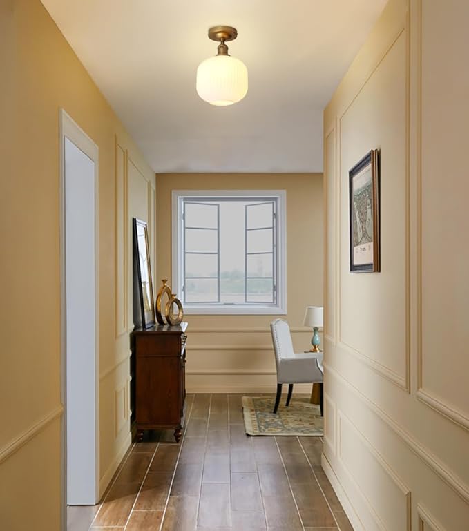 Pathson Vintage Flush Mounted Ceiling Light with Milk White Glass, Brushed Brass Modern Ceiling Lamp Fixture for Farmhouse Hallway Foyer Loft Living Room Bedroom
