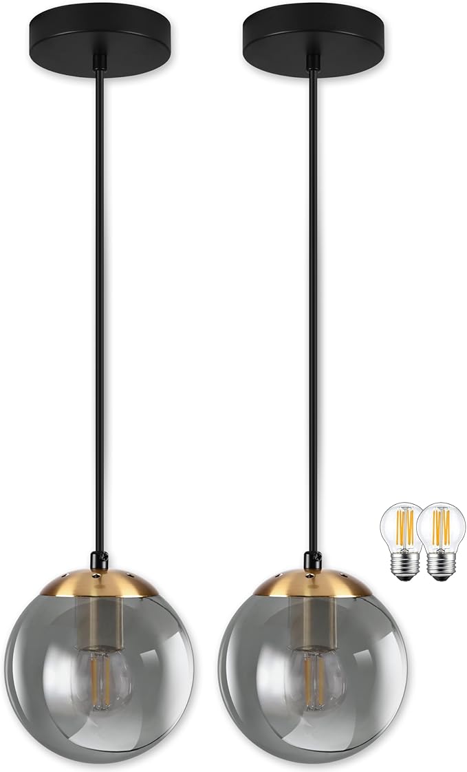 KoKo&Yukina 6 Inch Globe Pendant Light Gold Globe Pendant Lights Kitchen Island Mid Century Light Fixture with Grey Glass Shade for Dining Room (2 Pack)