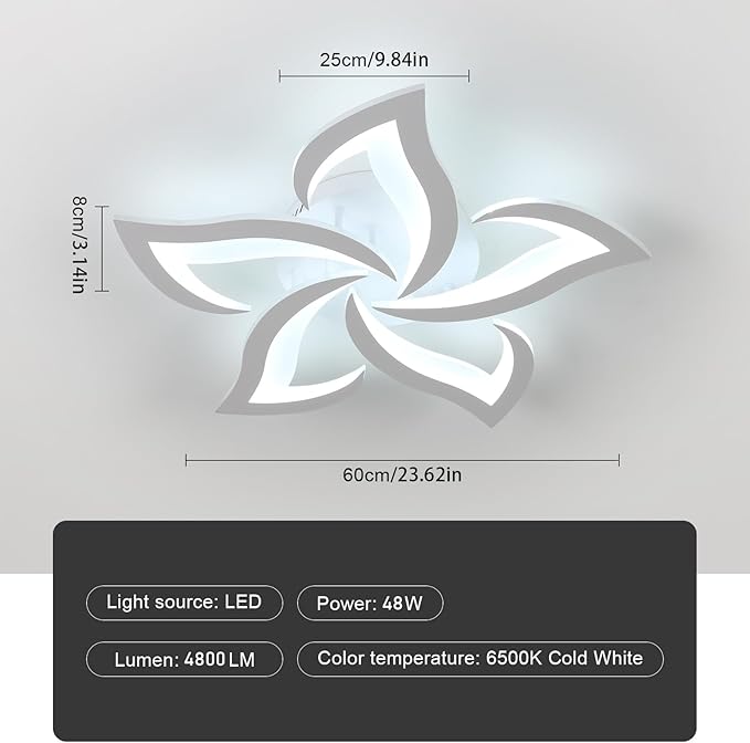 5-Petal Flower LED Ceiling Light Fixture, 23.6 inch 6500K Cool White Modern LED Flush Mount Ceiling Lights, White Acrylic Ceiling Lamp for Living Room Bedroom Dinning Room Kitchen