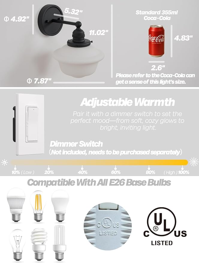Black Wall Sconce Minimalist Vintage Bathroom Wall Sconce Light with Frosted Milk Glass Farmhouse Bathroom Vanity Lights for Living Room Bedroom Hallway E26 Hardwire
