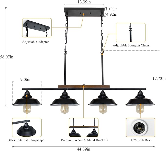 Kitchen Island Light, 4 Lights Black Pendant Dining Room Light Fixture Farmhouse Chandeliers for Dining Room Over Table Metal Hanging Lamp for Kitchen Island Hallway Pool Table