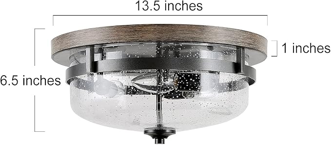 LOG BARN Flush Mount Ceiling Light, Farmhouse Light Fixtures Ceiling with Faux Wood Finish and Seeded Glass Cover, W13.5 x H6.5