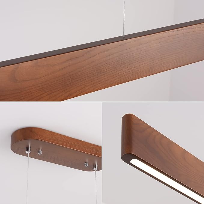 YISDESIGN 39.4" Wood Linear Pendant Light 24w Led Dimmable Dining Room Light Wood Kitchen Island Pendant Hanging Light for Kitchen Island Office Lights Walnut Color