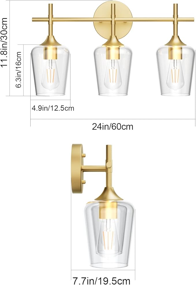 Ralbay Gold Bathroom Vanity Light 3-Lights Vintage Gold Vanity Lights Wall Lighting Clear Glass Gold Bathroom Light Fixtures Over Mirror