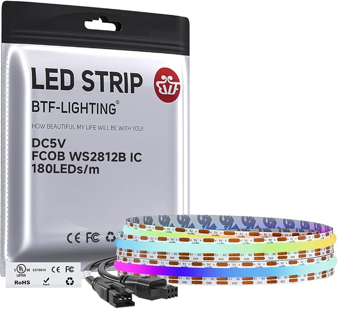 BTF-LIGHTING FCOB COB WS2811(WS2812B) IC RGB 180LED/m 180IC LED Strip DC5V 3.2FT Individual Addressable,UL Listed,High Density Uniform Light Dream Chasing Color 10mm Width(NO Adapter or Controller)