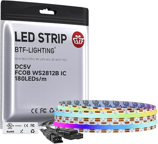 BTF-LIGHTING FCOB COB WS2811(WS2812B) IC RGB 180LED/m 180IC LED Strip DC5V 3.2FT Individual Addressable,UL Listed,High Density Uniform Light Dream Chasing Color 10mm Width(NO Adapter or Controller)