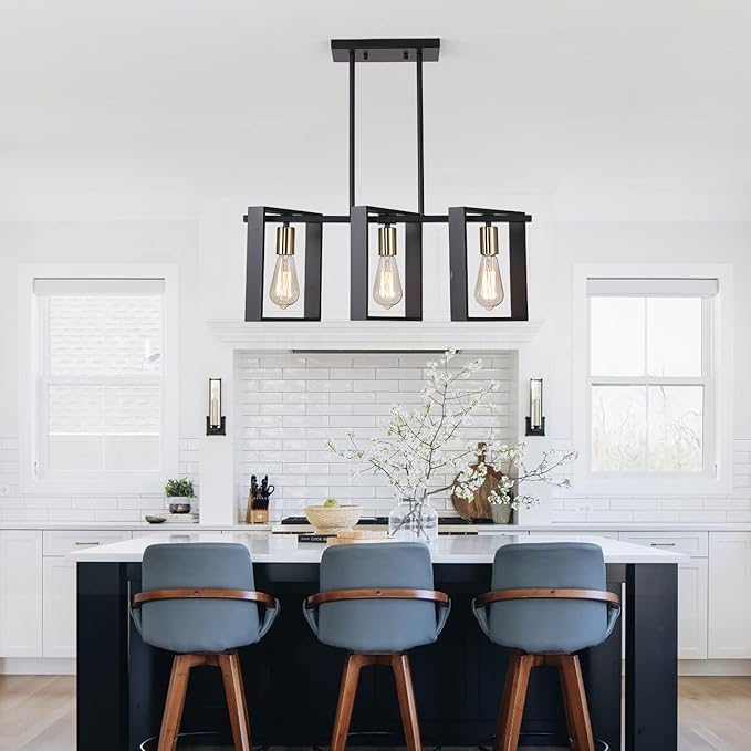 9MMML 3 Lights Kitchen Island Lighting, Modern Rectangle Linear Pendant Light, Black Frame+ Gold Socket Chandelier for Dining &Living Room Foyer Entryway Hallway,E26,Height Adjustable.