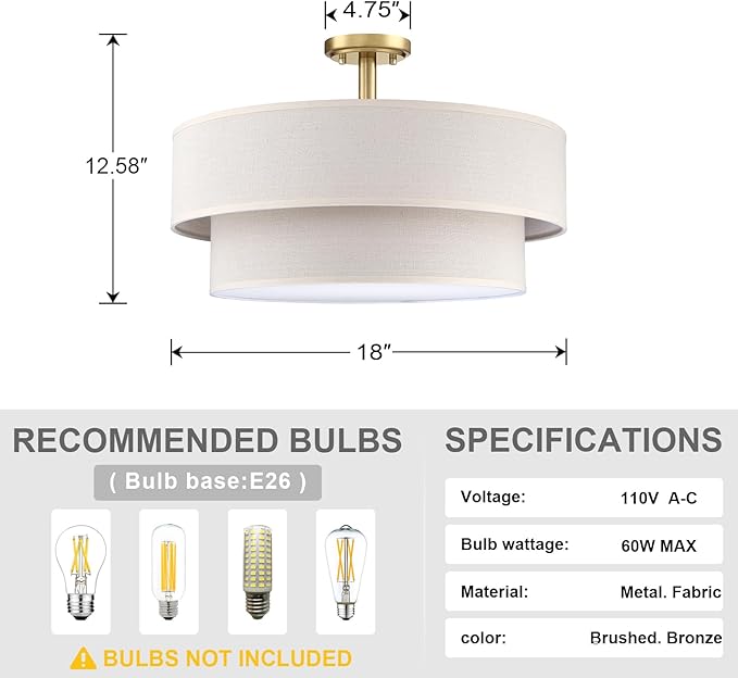 4 Light 18 Inch Semi Flush Mount Close to Ceiling Light Fixture,Cream Linen Fabric Shade Brushed Bronze Finish for Bedroom,Living Room,Dining Room Hallway