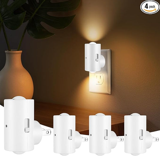BMXKPO LED Night Lights Plug into Wall, Dimmable 4-Pack with Dusk to Dawn Sensor, 2700K Warm White, 0-200LM Adjustable & Rotatable Night Light for Bedroom, Hallway, Kitchen, Bathroom