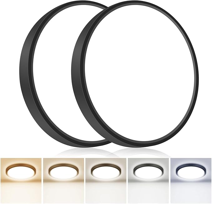 2PACK Flush Mount LED Ceiling Light Fixtures 5 Color Temperatures in One &100W Equivalent Flat Bathroom Ceiling Light,7Inch 15W Thin Round Black Surface Flushmount Fixture for Closet,Bedroom,Kitchen