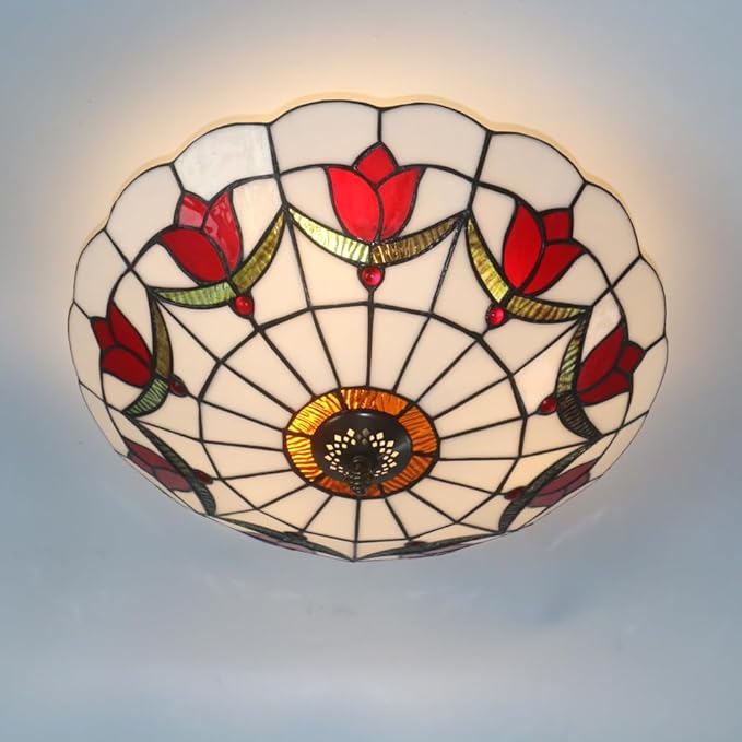 16 Inch Tiffany Style Stained Glass Ceiling Light Flush Mount Ceiling Light Vintage Chandeliers Pendent Light Fixtures (16 Inch Red)
