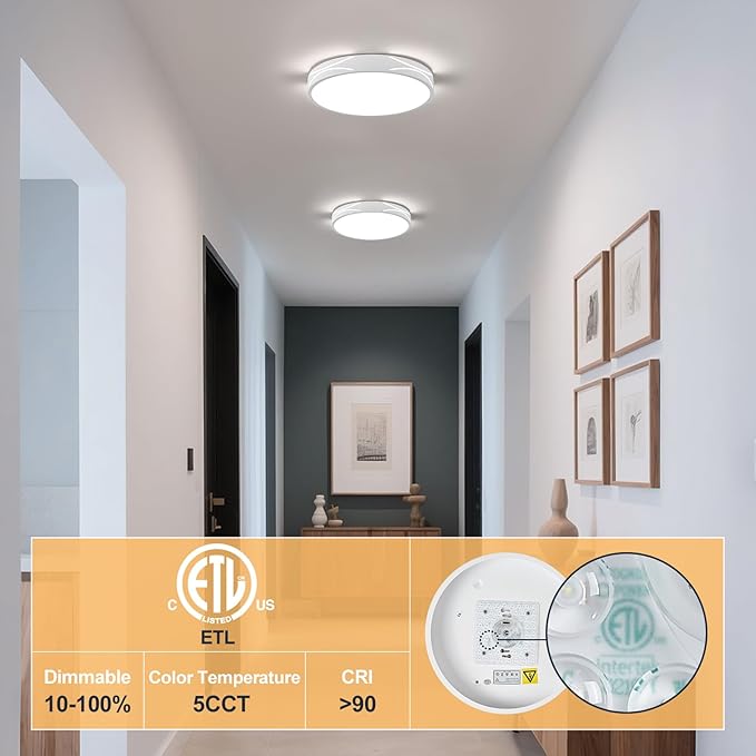 Modern Dimmable LED Flush Mount Ceiling Light, 2700K-6000K Selectable Round Close to Ceiling Lighting Fixtures, Metal Minimalist White Ceiling Lamp for Bedroom, Kitchen, Hallway, Laundry Room
