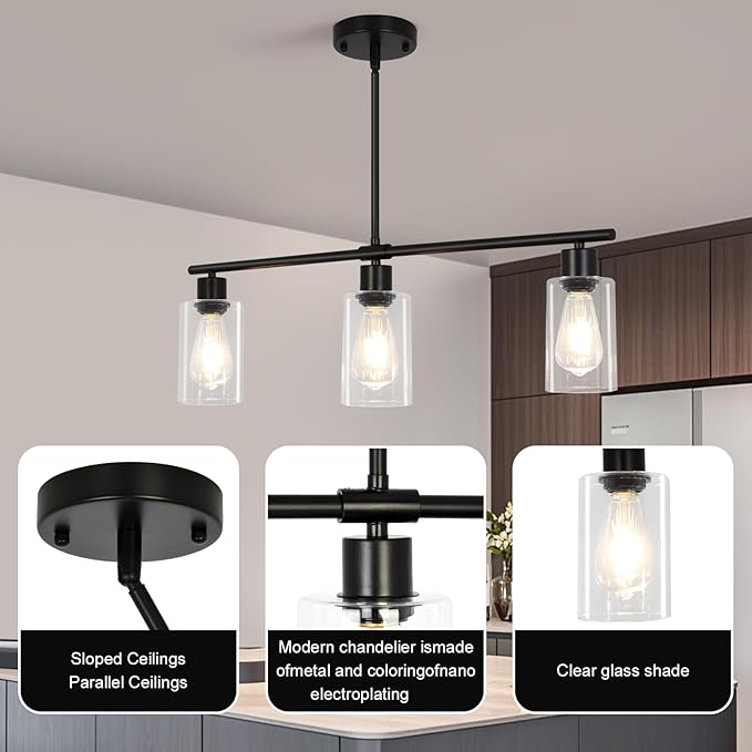 Kitchen Island Lighting, 3-Light Black Island Lights for Dining Room Light Fixture Over Table, Modern Linear Chandelier with Clear Glass Shade, 31" Farmhouse Hanging Pendant Light Fixtures for Kitchen