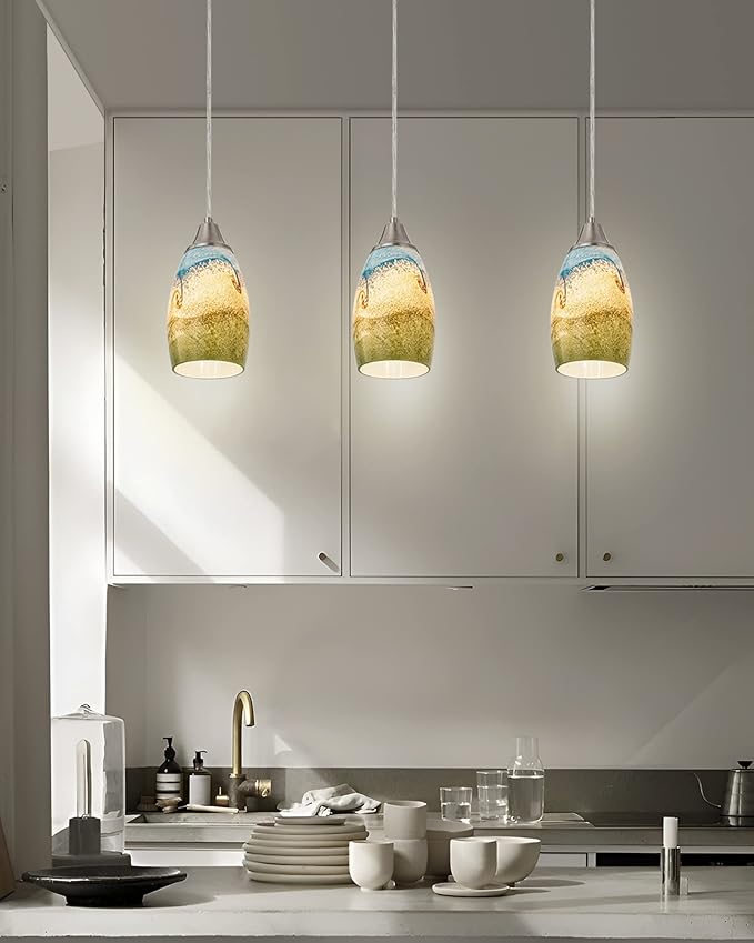karyfine 3pack Mini Pendant Lights Kitchen Island Hand Blown Art Glass Hanging Ceiling Pendant Light Over Kitchen Sink Glass Pendant Light Shade for Coffee Bar,Dining Room,Stairs Multi Color
