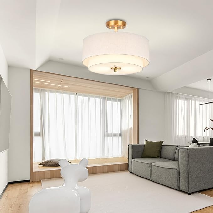 3-Light Semi Flush Mount Ceiling Light, 16" Drum Light with White Fabric Shade, Modern Close to Ceiling Lamp for Living Room Bedroom Dining Kitchen Hallway Entry (Brushed Gold)