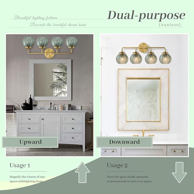 4-Light Vintage Bathroom Vanity Lights – Gold Wall Sconce with Green Glass Shades, Mid Century Modern Art Deco Lighting for Mirror, Living Room, Bedroom