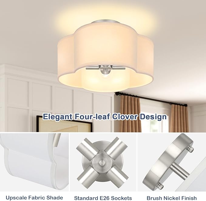 4-Light Semi Flush Mount Ceiling Light Fixture, Silver Modern Close to Ceiling Lamp with White Fabric Shade, Contemporary Bright Lighting for Nursery Kids Baby Room Kitchen Bedroom Hallway Entryway