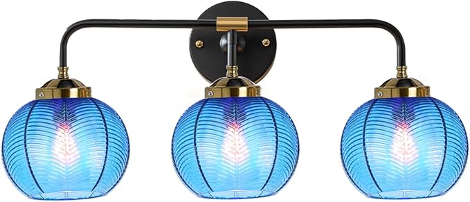 Vanity Lights for Bathroom,Mid Century Vanity Light Black Sconce Blue Bathroom Light Fixture Over Mirror Ribbed Glass Globe Shade Art Deco Vanity Lights Modern Wall Sconce 3-Lights