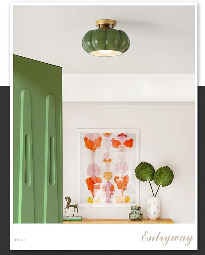 Vintage Semi Flush Mount Ceiling Light,Mid Century Modern Ceiling Light Fixtures,10 Inch Green Glass Shade with a Gold Base,for Bedroom, Kitchen, Hallway, Entryway, and Balconie