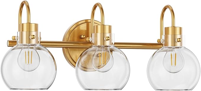 3-Light Vanity Light, Brushed Brass Bathroom Light Fixtures, Farmhouse Wall Sconces with Globe Clear Glass Shade, Porch Wall Mount Lamp for Mirror, Kitchen, Porch, Living Room, Workshop (E26 Base)