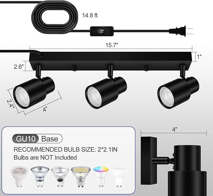 Plug-in Track Lighting LED, Track Light Fixtures Ceiling, Black Plug in Wall Lights with 14.8ft Cord, 3 Way Ceiling Spotlight for Kitchen, Rotatable Light Head for Bedroom Hallway(GU10 Socket,NO Bulb)