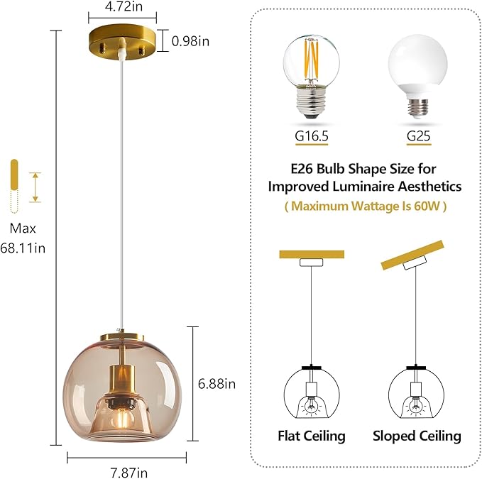 Light Coffee Glass Pendant Lights Kitchen Island Gold Hanging Light Fixture Glass Globe Pendant Light Modern Pendant Lighting for Kitchen Island Bedroom Dining Room (7.87", 2 Pack)