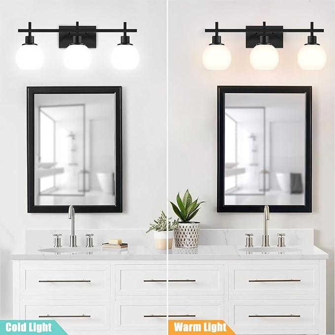 Dpyrrhic Modern Vanity Lighting Fixtures,3-Light Black Bathroom Lighting Fixtures Over Mirror，Bathroom Wall Mounted Vanity Light with Milky White Glass Lampshade for Living Room，Bedroom，Hallway