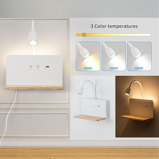 Bedside Wall Sconces with Wireless Charging Station & USB Charging, 3 Adjustable Color Temperatures LED Reading light, 3000K Warm Ambient lighting Wall Mounted Sconce for Bedroom, Plug-in or Hardwired